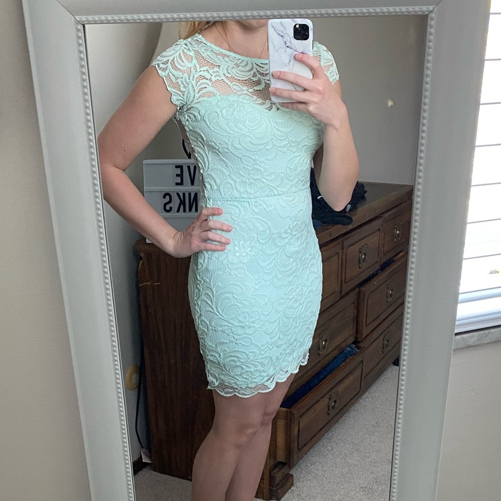 Lace dress with open lace top & back in light blue